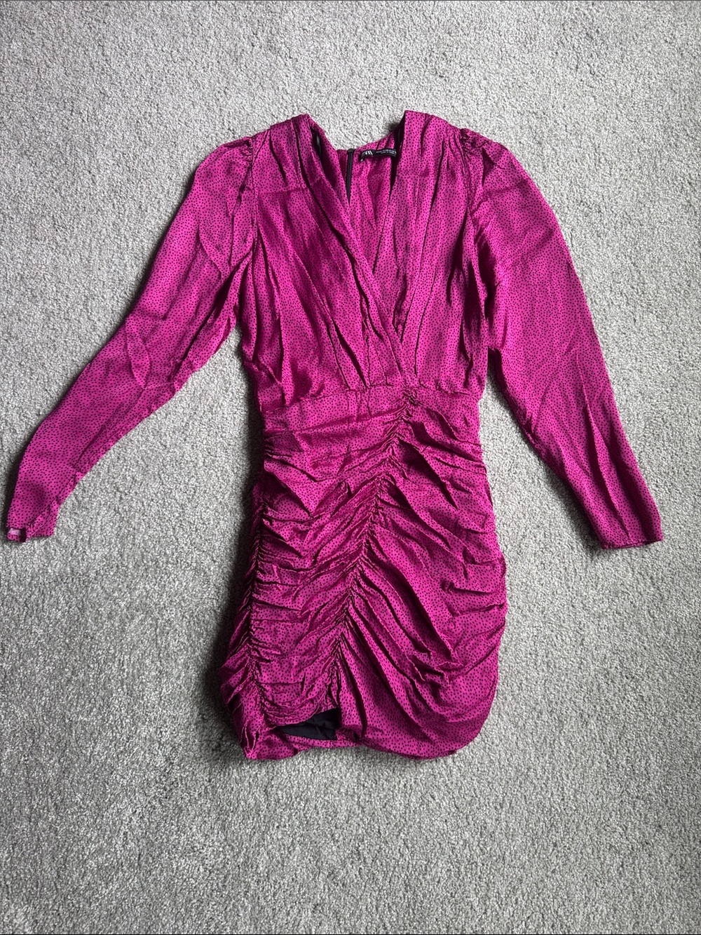 Zara Magenta Ruched V-Neck Mini Dress